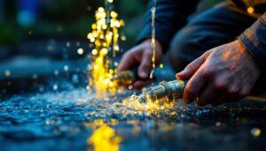 A photograph of a skilled lighting contractor installing submersible electrical connectors in a water feature