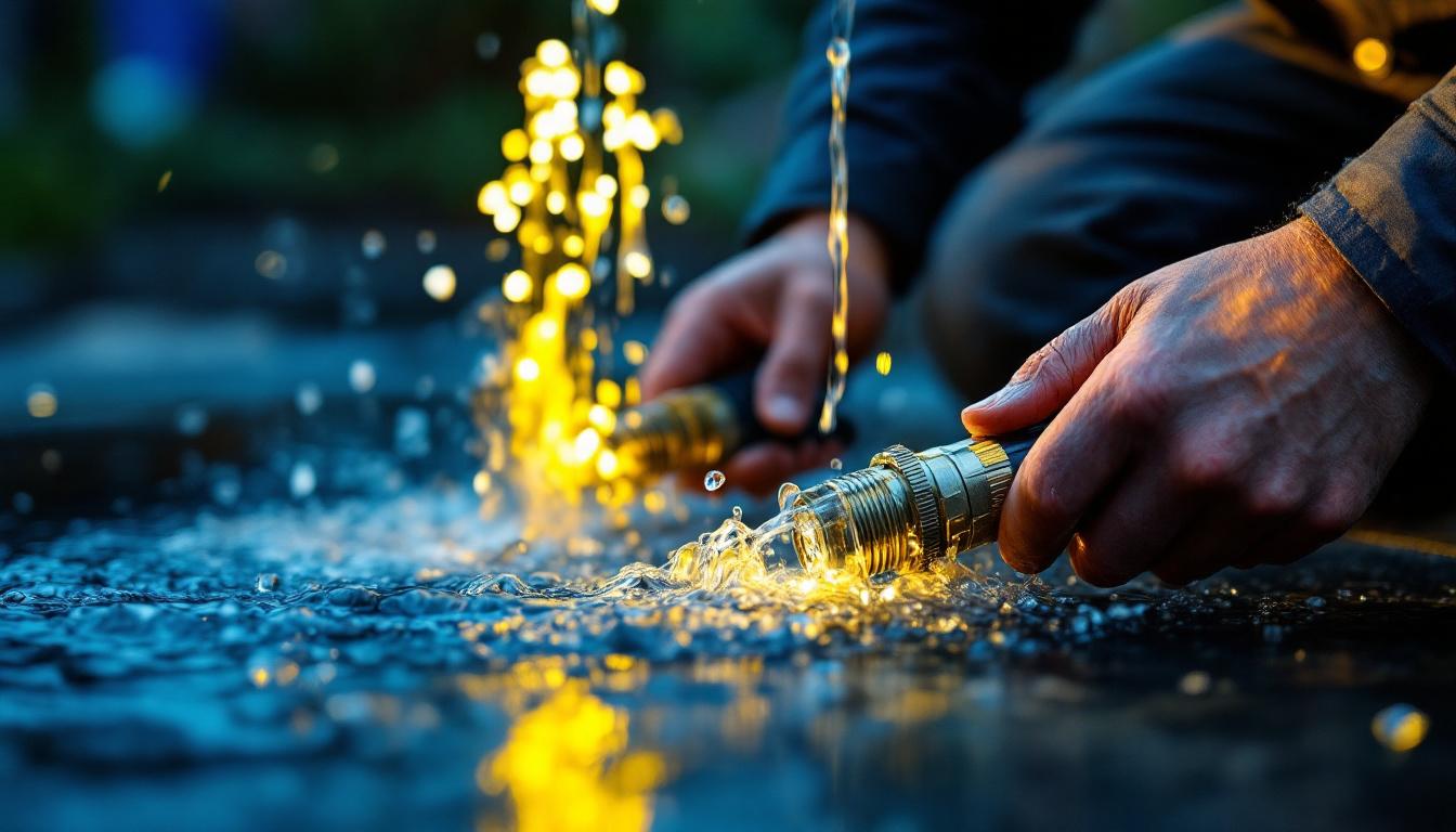 A photograph of a skilled lighting contractor installing submersible electrical connectors in a water feature
