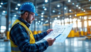 A photograph of a lighting contractor analyzing a high bay light layout plan on a tablet or blueprint in a spacious industrial setting