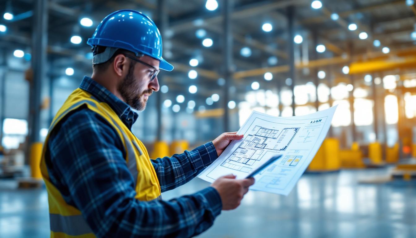 A photograph of a lighting contractor analyzing a high bay light layout plan on a tablet or blueprint in a spacious industrial setting