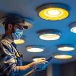 A photograph of a skilled lighting contractor expertly installing or adjusting various styles of recessed can trims in a modern home setting