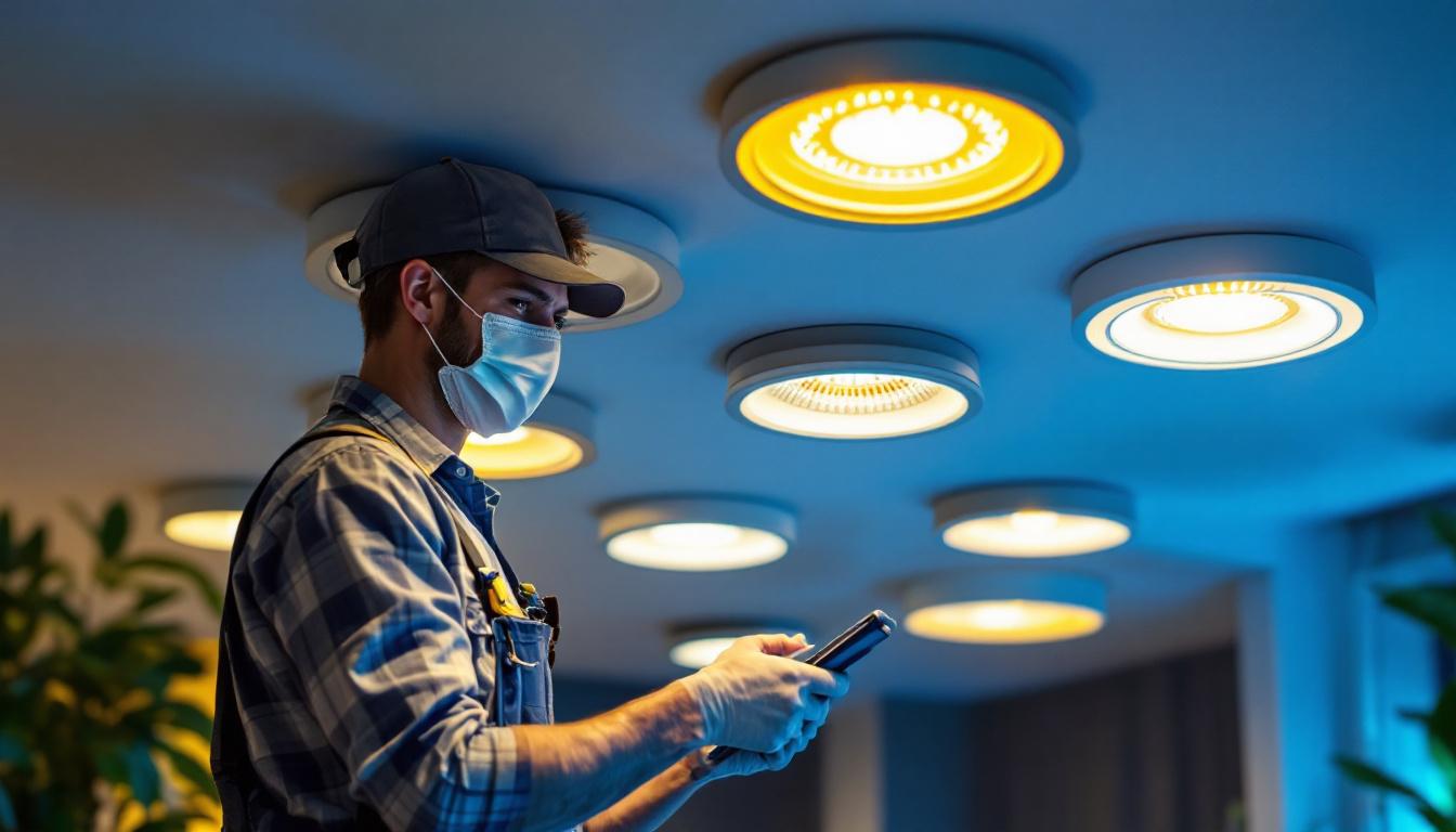 A photograph of a skilled lighting contractor expertly installing or adjusting various styles of recessed can trims in a modern home setting