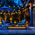 A photograph of a beautifully illuminated outdoor space showcasing various styles of linkable outdoor lights in use