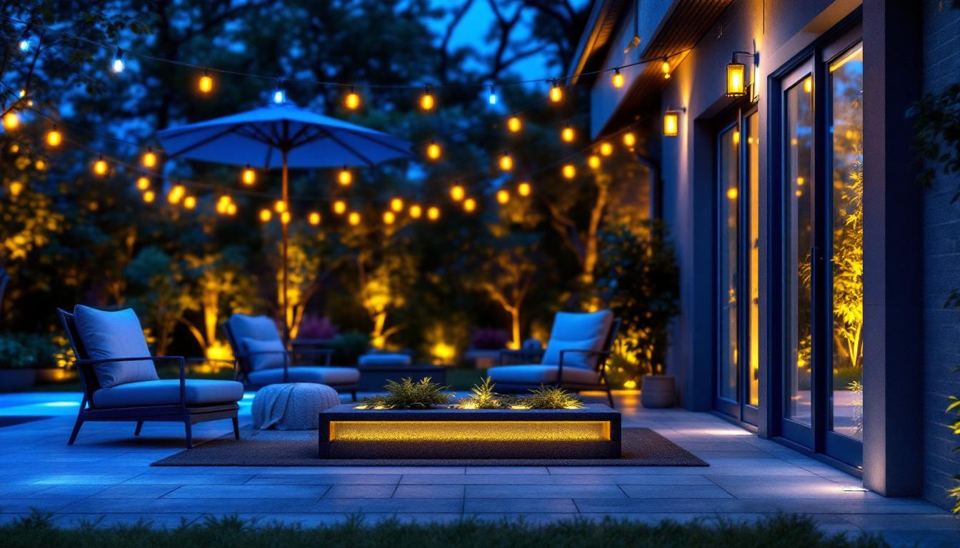 A photograph of a beautifully illuminated outdoor space showcasing various styles of linkable outdoor lights in use