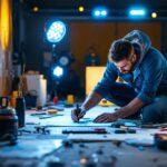 A photograph of a lighting contractor working on a project
