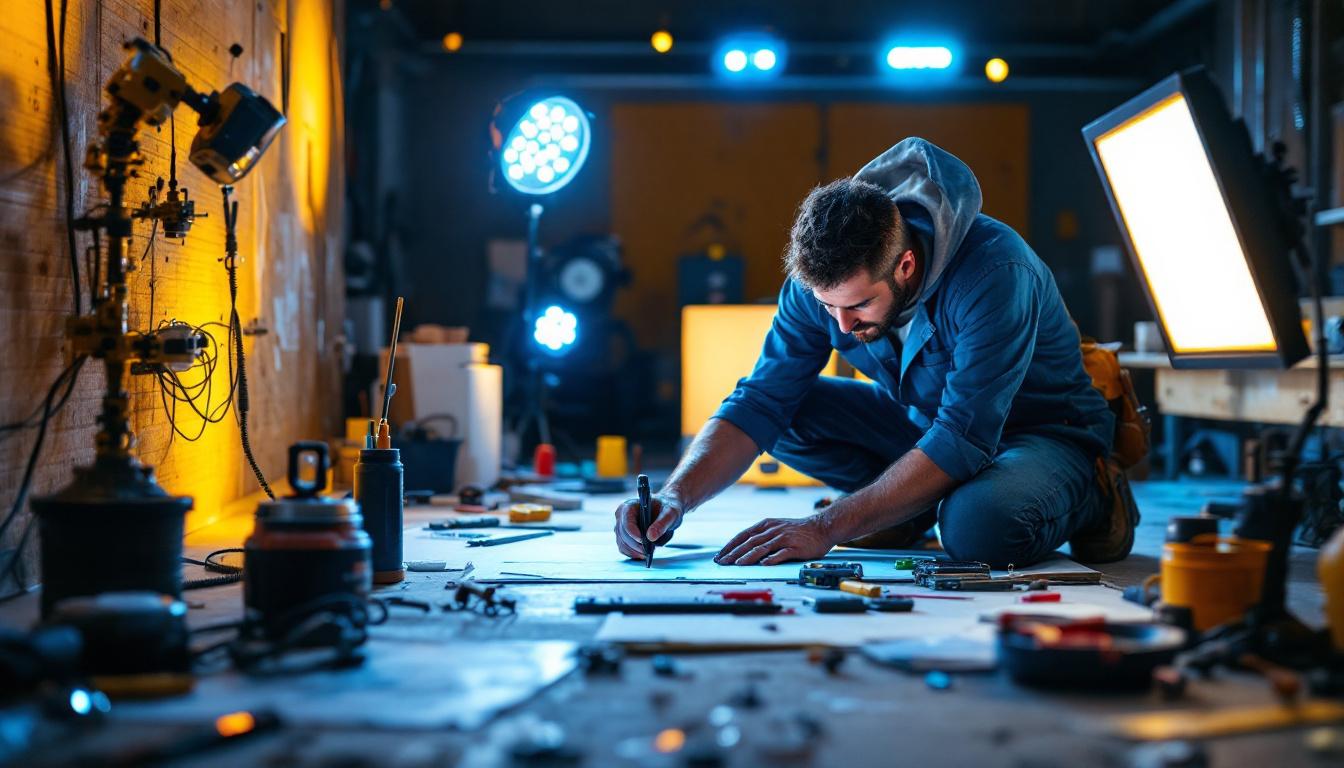 A photograph of a lighting contractor working on a project