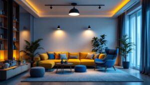 A photograph of a lighting contractor installing a modern smart lighting system in a stylish home setting