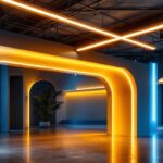 A photograph of a modern lighting installation featuring innovative light bridges in a commercial or residential setting