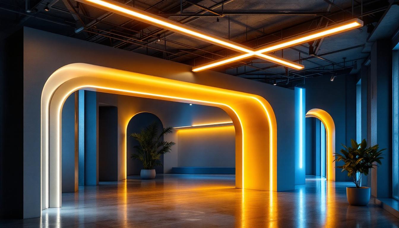 A photograph of a modern lighting installation featuring innovative light bridges in a commercial or residential setting
