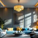 A photograph of a beautifully designed living room featuring an elegant ceiling lamp as the focal point