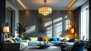 A photograph of a beautifully designed living room featuring an elegant ceiling lamp as the focal point