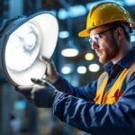 A photograph of a lighting contractor inspecting or installing industrial covers in a well-lit warehouse or factory setting