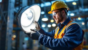 A photograph of a lighting contractor inspecting or installing industrial covers in a well-lit warehouse or factory setting