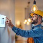 A photograph of a lighting contractor expertly installing an integrated switch in a modern home setting