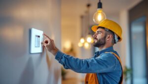 A photograph of a lighting contractor expertly installing an integrated switch in a modern home setting
