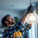 A photograph of a skilled lighting contractor carefully replacing a frosted glass pendant light in a stylish