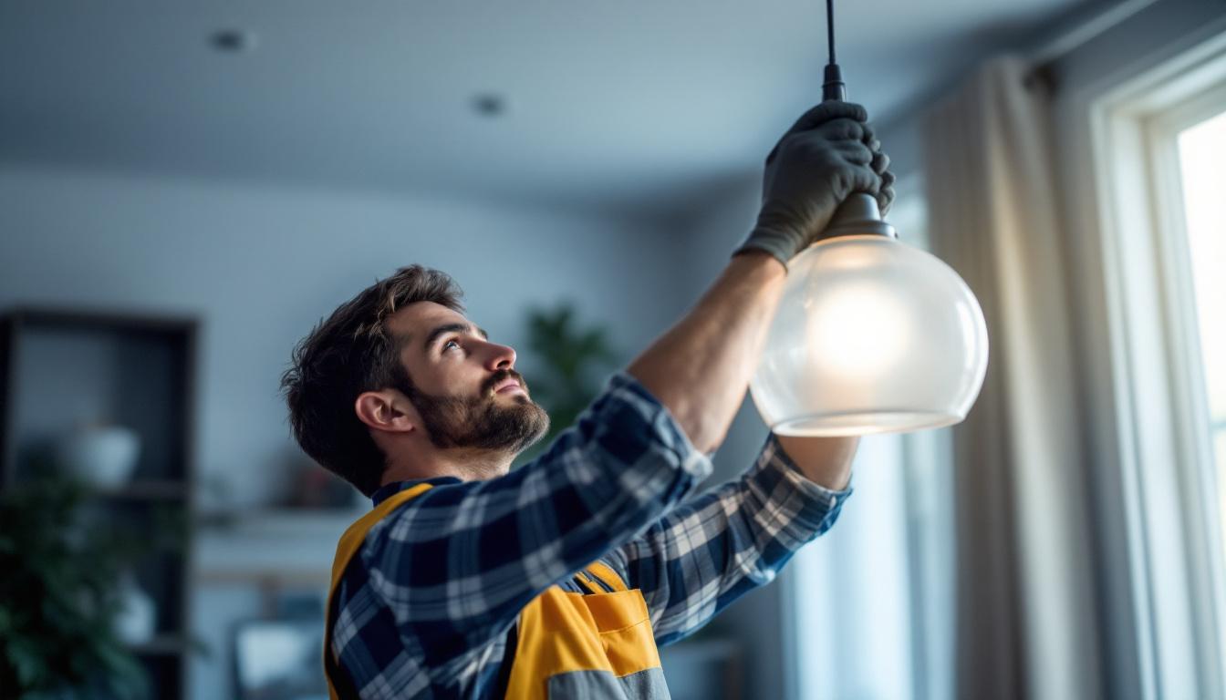 A photograph of a skilled lighting contractor carefully replacing a frosted glass pendant light in a stylish