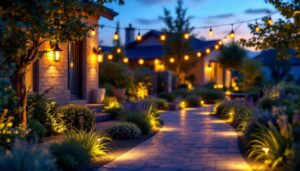 A photograph of a beautifully illuminated outdoor space at dusk