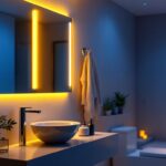 A photograph of a well-lit bathroom featuring a sleek tube light installation