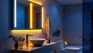 A photograph of a well-lit bathroom featuring a sleek tube light installation