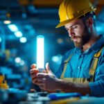 A photograph of a lighting contractor examining a long cylinder light bulb in a well-lit workspace