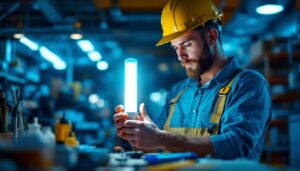 A photograph of a lighting contractor examining a long cylinder light bulb in a well-lit workspace