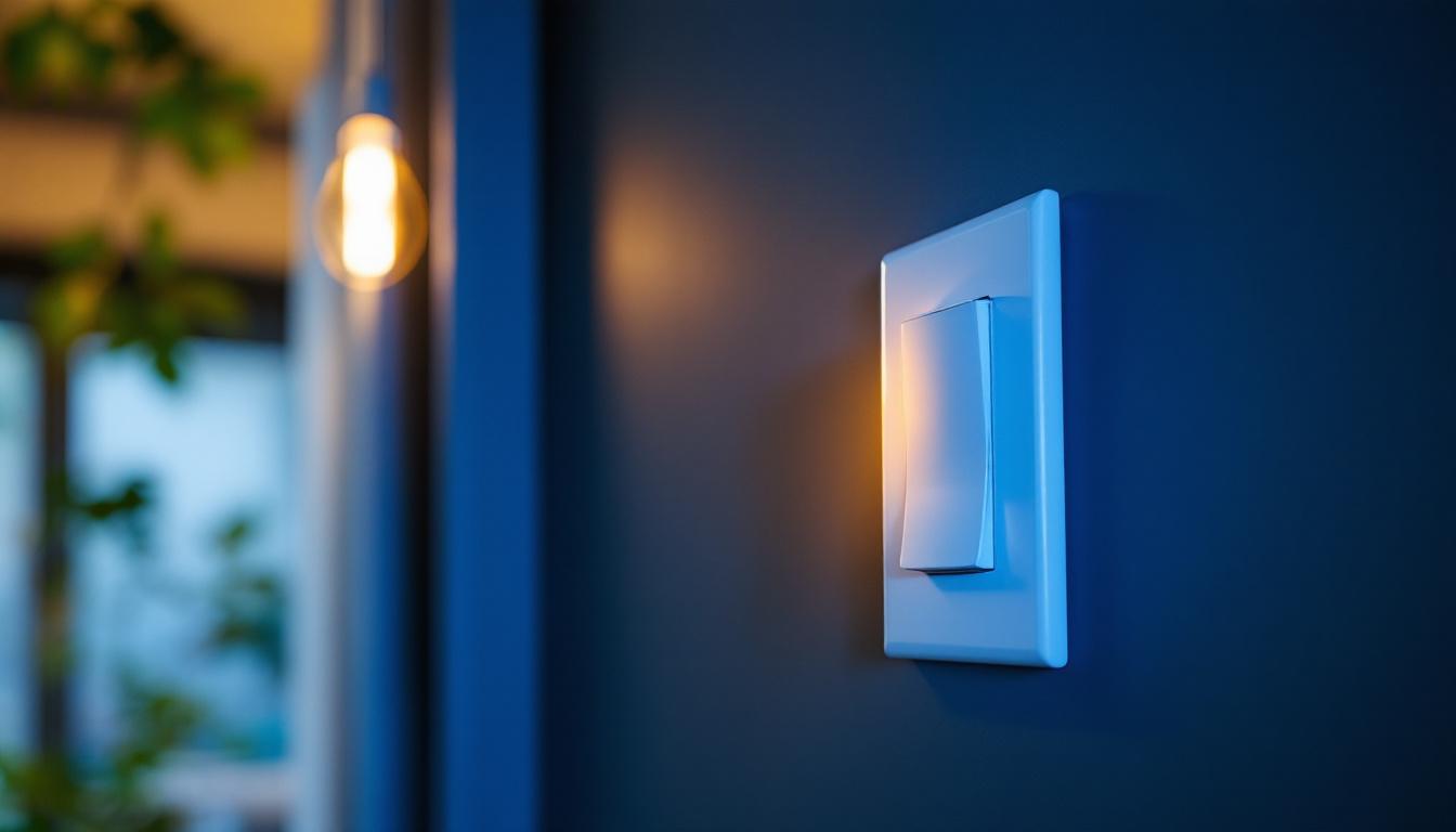 A photograph of a single pole switch being installed or used in a residential lighting setup