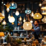 A photograph of a beautifully arranged display of various cheap chandelier lamps in a well-lit setting