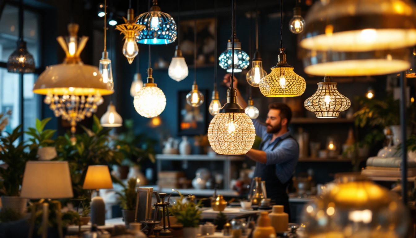 A photograph of a beautifully arranged display of various cheap chandelier lamps in a well-lit setting