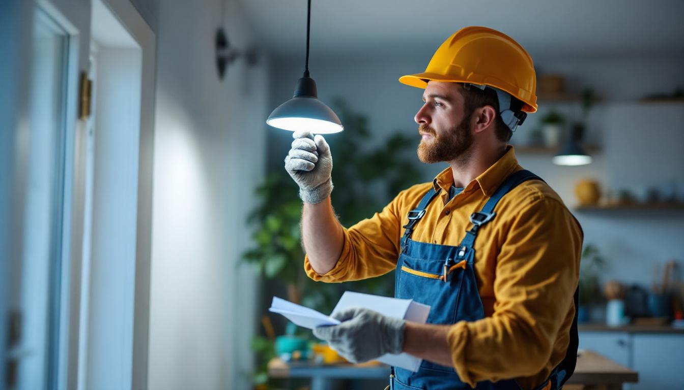 A photograph of a skilled lighting contractor installing a 4-inch can light in a modern home setting