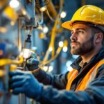 A photograph of a lighting contractor actively working on a large-scale installation