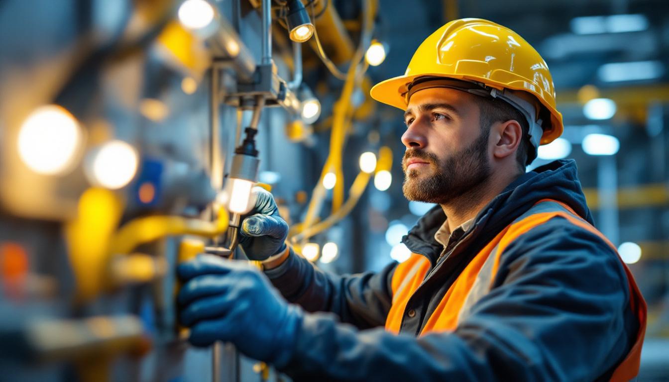 A photograph of a lighting contractor actively working on a large-scale installation