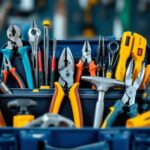 A photograph of a well-organized toolbox filled with essential electrician hand tools