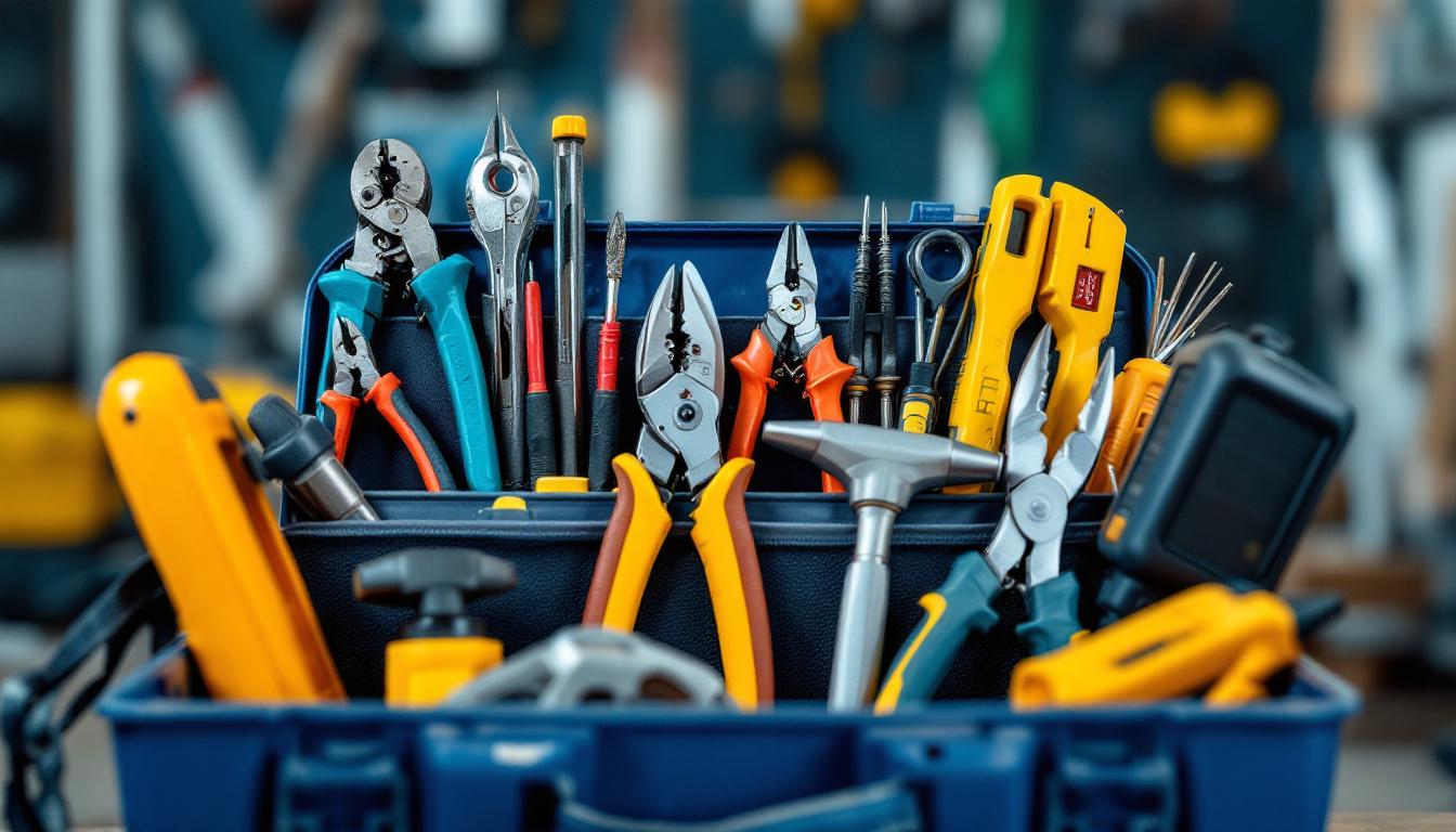 A photograph of a well-organized toolbox filled with essential electrician hand tools