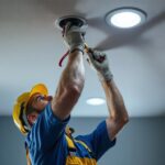 A photograph of a skilled lighting contractor installing recessed lights in a drop ceiling