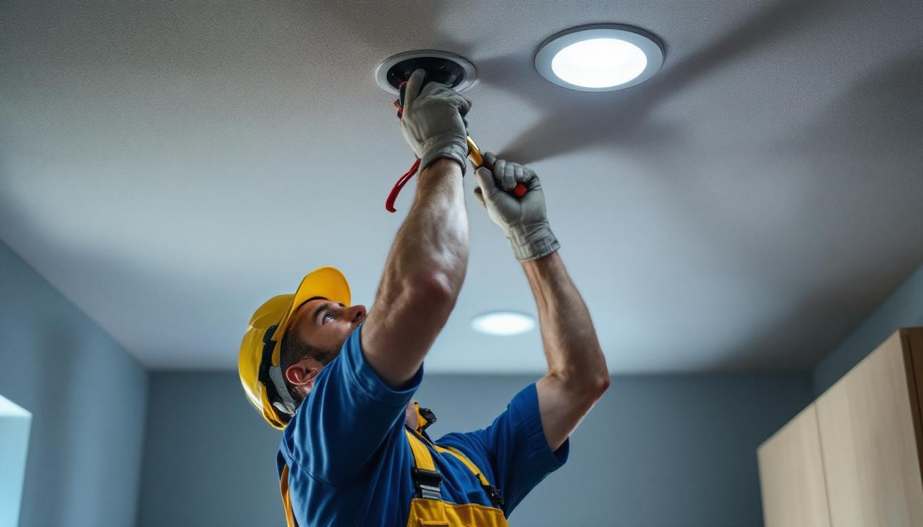 A photograph of a skilled lighting contractor installing recessed lights in a drop ceiling