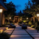 A photograph of a stylishly designed outdoor space featuring a variety of modern post mount lights illuminating the area