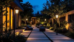 A photograph of a stylishly designed outdoor space featuring a variety of modern post mount lights illuminating the area