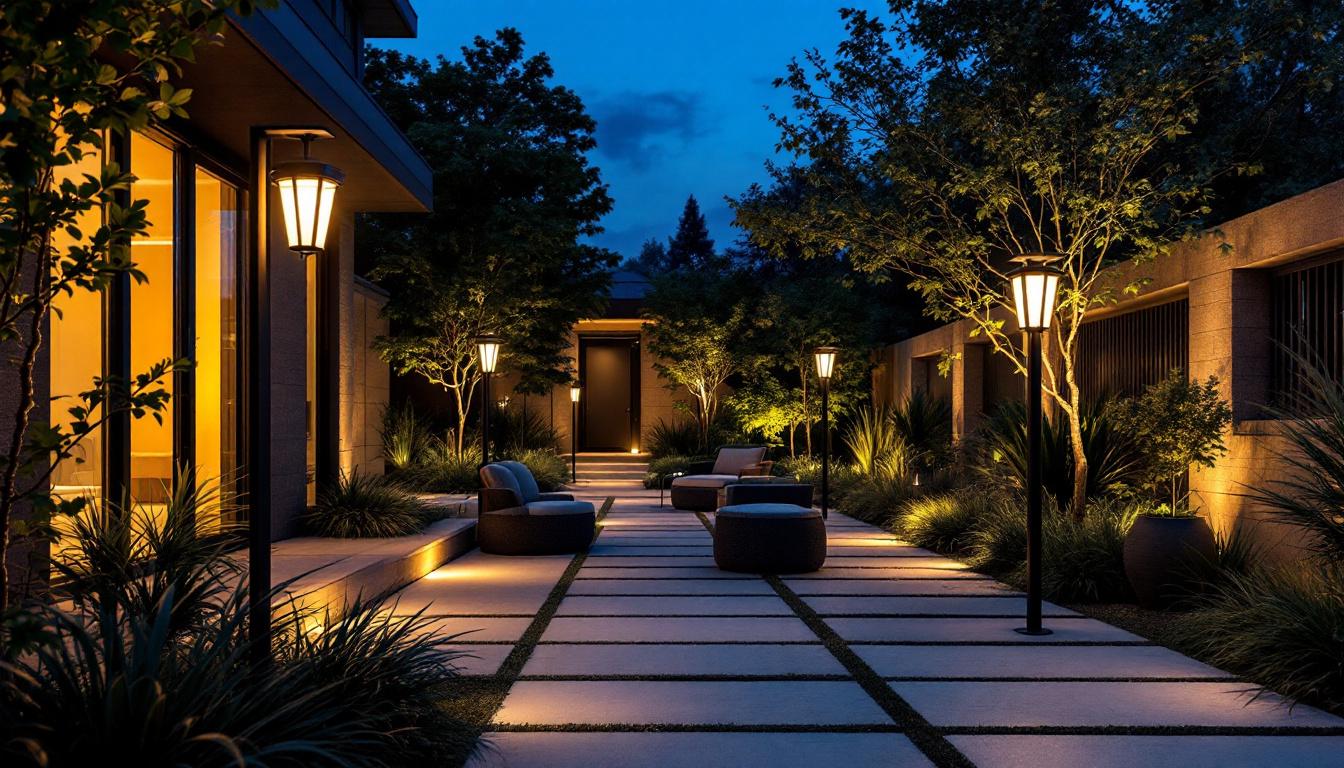 A photograph of a stylishly designed outdoor space featuring a variety of modern post mount lights illuminating the area
