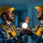 A photograph of a lighting contractor installing or inspecting homeline light bulbs in a residential setting