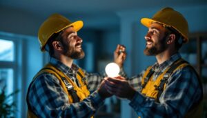 A photograph of a lighting contractor installing or inspecting homeline light bulbs in a residential setting