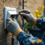 A photograph of a skilled lighting contractor installing a weatherproof cover on an outdoor electrical outlet