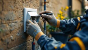 A photograph of a skilled lighting contractor installing a weatherproof cover on an outdoor electrical outlet