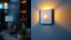 A photograph of a modern low voltage lighting switch installed in a stylish home setting