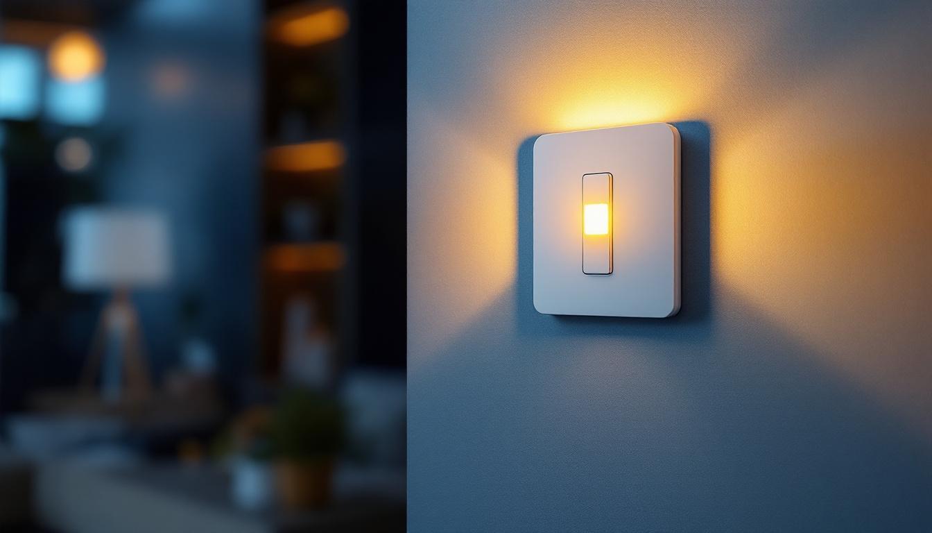 A photograph of a modern low voltage lighting switch installed in a stylish home setting