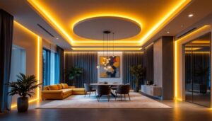 A photograph of a beautifully designed room featuring led lighting elegantly installed around the ceiling