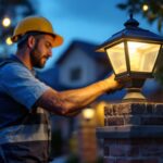 A photograph of capture a photograph of a skilled lighting contractor installing solar lights on a decorative post in a residential outdoor setting