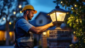 A photograph of capture a photograph of a skilled lighting contractor installing solar lights on a decorative post in a residential outdoor setting