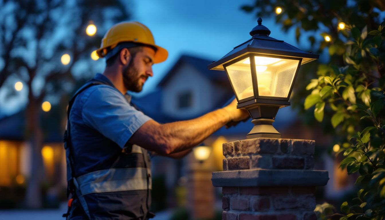A photograph of capture a photograph of a skilled lighting contractor installing solar lights on a decorative post in a residential outdoor setting