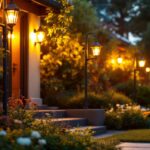 A photograph of a lighting contractor skillfully installing a variety of stylish outdoor lights in a beautifully landscaped garden during the golden hour